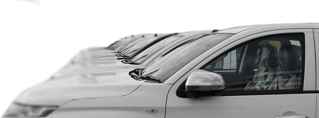 white SUV cars standing in a row. Fleet of generic modern cars. Transportation. Luxury OFFROAD car fleet consisting of generic brandless design. isolated in WHITE background.