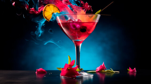 Pink, blue colored cocktail glass in nightclub on bar decorated with bright orange edible flowers against dim lighting, reflection on glossy surface. Club Life, Parties. The art of cocktail creation