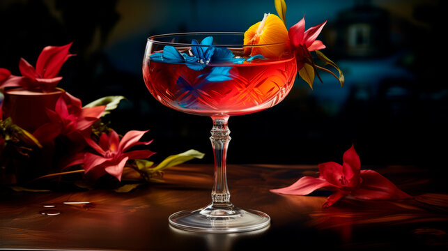 Pink, blue colored cocktail glass in nightclub on bar decorated with bright orange edible flowers against dim lighting, reflection on glossy surface. Club Life, Parties. The art of cocktail creation