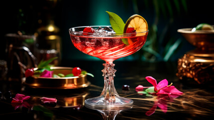 elegantly presented raspberry cocktail in vintage glass decorated lime wheel, green leaf stands on bar, reflective surfaces in luxurious atmosphere. Cocktail recipes, menu. Bar, restaurant advertising