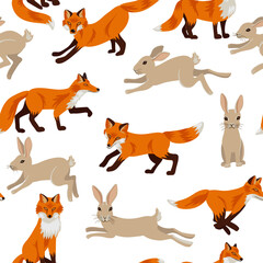 vector drawing seamless pattern with foxes and rabbits, hand drawn animals at white background , cartoon style characters