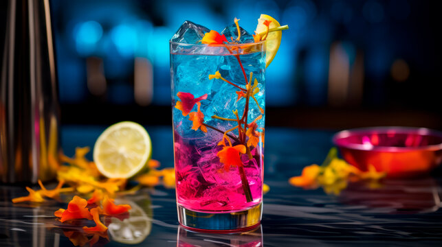 Pink, blue colored cocktail glass in nightclub on bar decorated with bright orange edible flowers against dim lighting, reflection on glossy surface. Club Life, Parties. The art of cocktail creation