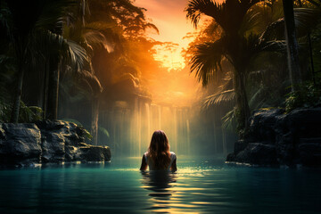 Nature, vacation and travel concept. Dark woman silhouette swimming in tropical pond, pool, river or lake in jungles or rain forest during sunset. Girl standing back to camera, waterfall in background