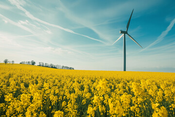 Wind turbine in a yellow flower field