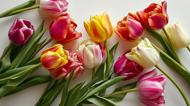 Spring tulips. Composition and creative layout made of colorful tulip flowers on white background. Easter, Women or Mother's day, Valentine's day greeting card. Space left for greetings