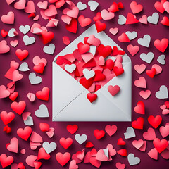 love letter envelope overflowing with paper craft hearts on the abstract background.	