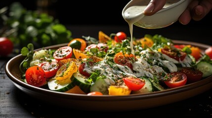 Woman's hands adding dressing to fresh salad