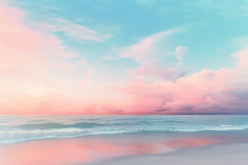 Naklejka na ściany i meble a realistic photo of a beach with a blue, pink and yellow sky, in the style of minimalist backgrounds, light aquamarine and orange