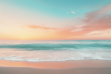 Fototapeta na wymiar a realistic photo of a beach with a blue, pink and yellow sky, in the style of minimalist backgrounds, light aquamarine and orange
