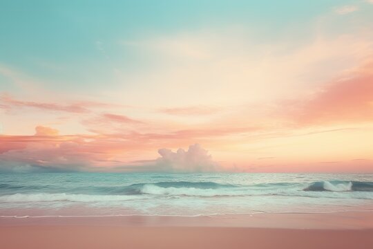 a realistic photo of a beach with a blue, pink and yellow sky, in the style of minimalist backgrounds, light aquamarine and orange
