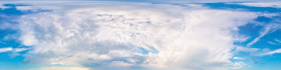 Fototapeta premium Dark blue sunset sky panorama with puffy Cumulus clouds. Seamless hdr 360 panorama in spherical equirectangular format. Full zenith for 3D visualization, sky replacement for aerial drone panoramas.