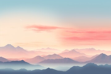 a realistic photo of mountains with the sun shining down on them in the distance with a blue, pink and yellow sky, in the style of minimalist backgrounds, light aquamarine and orange