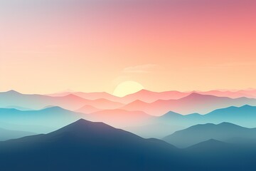 a realistic photo of mountains with the sun shining down on them in the distance with a blue, pink and yellow sky, in the style of minimalist backgrounds, light aquamarine and orange