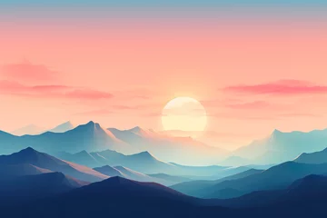 Fotobehang a realistic photo of mountains with the sun shining down on them in the distance with a blue, pink and yellow sky, in the style of minimalist backgrounds, light aquamarine and orange © JetHuynh