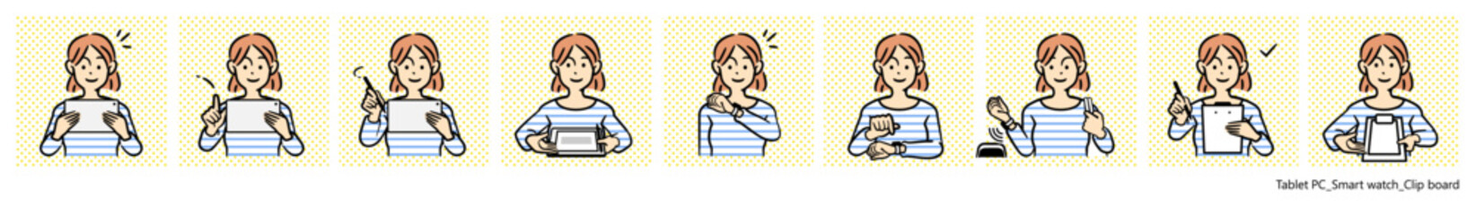 人物イラスト（タブレット、スマートウォッチ、クリップボード）