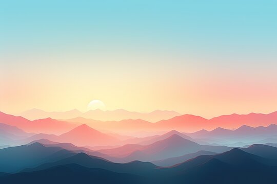 a realistic photo of mountains with the sun shining down on them in the distance with a blue, pink and yellow sky, in the style of minimalist backgrounds, light aquamarine and orange © JetHuynh