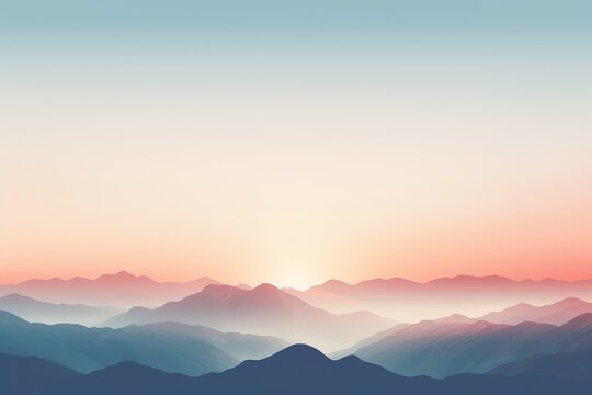 a realistic photo of mountains with the sun shining down on them in the distance with a blue, pink and yellow sky, in the style of minimalist backgrounds, light aquamarine and orange © JetHuynh