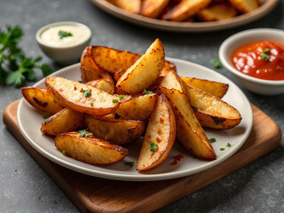 Potato wedges kept on a plate.