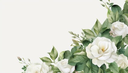 frame of white roses on white background copy space