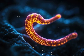 Fotobehang A microscopic parasite worm with a glowing red tail. Generative AI. © serg3d