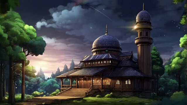 An animated illustration of a simple mosque in the middle of a forest with a nighttime atmosphere, suitable for an Islamic celebration theme. Background animation.