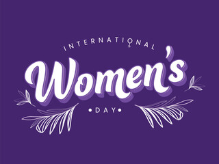 Stylish International Women's Day Font with Leaves on Purple Background. Can Be Used as Greeting Card or Poster Design.