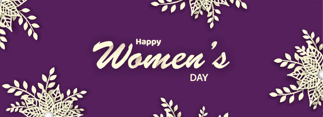 Fototapeta na wymiar Happy Women's Day Banner or Header Design Decorated with Floral Lace Cutting in Purple Color.