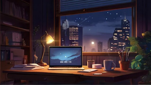 Animated illustration of a study desk on a cold evening, with an urban background. Suitable for educational and school themes. Background animation.