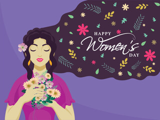 Happy Women's Day Greeting Card Design with Beautiful Young Girl Character Holding Flowers on Purple Background.