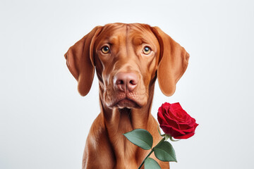 Charming red-haired vizsla dog with eyes closed holds a red rose in his mouth as a gift for Valentines Day on a white background. - obrazy, fototapety, plakaty