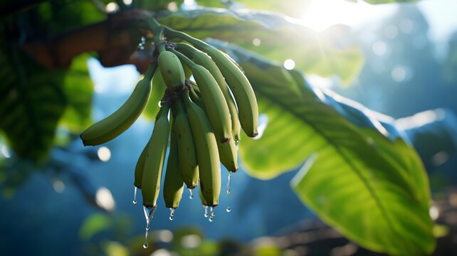 A pristine blue java banana hanging from its tree, surrounded by lush foliage and bathed in the soft glow of morning sunlight -Generative Ai
