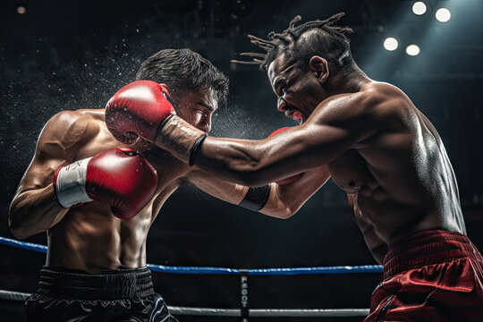 Boxing athlete blocking a punch to his jaw during a match with his opponent. Two male boxers fighting in a boxing ring.