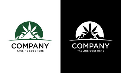 Creative Cannabis Pot Hemp Leaf with Hills Mountain Peaks for CBD or Cultivation logo design - obrazy, fototapety, plakaty