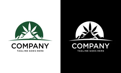 Foto op Aluminium Creative Cannabis Pot Hemp Leaf with Hills Mountain Peaks for CBD or Cultivation logo design © Gita