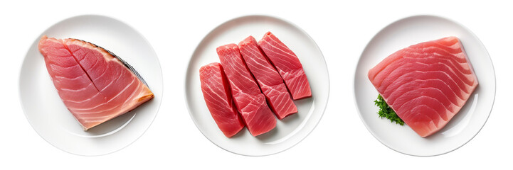 A set of tuna fish pieces on a plate with a transparent background is in the top view. PNG.