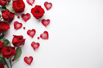 Bouquet of red roses and hearts on white background. Valentines day, banner format. Place for text.