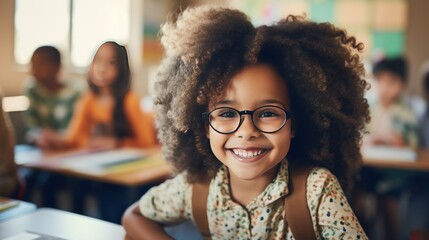 A bright and cute black girl in a junior classroom with a group of diverse bright children works diligently. - obrazy, fototapety, plakaty