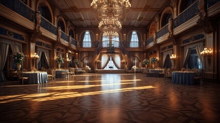 large hall for celebrations Interior of wedding decorations in a luxurious hall - obrazy, fototapety, plakaty