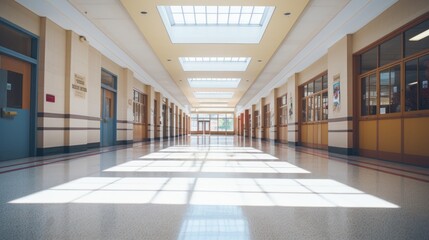 wide angle pushes into a long, empty hallway of a high school. - obrazy, fototapety, plakaty