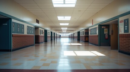 wide angle pushes into a long, empty hallway of a high school.