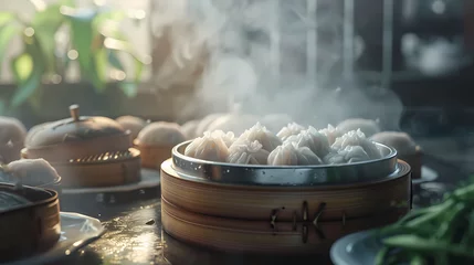 Deurstickers dimsum or dumplings are being made or steamed © Asep