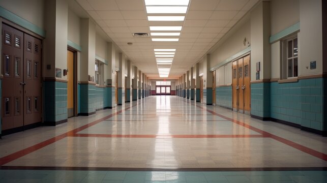 wide angle pushes into a long, empty hallway of a high school.