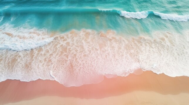 Aerial view of beautiful sea waves Pink sand and emerald green waters Amazing waves crashing on the sandy beach.
