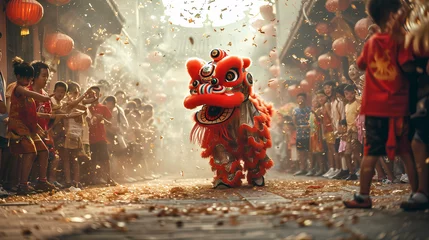 Fototapeten the lion dance interacts with enthusiastic spectators © Asep