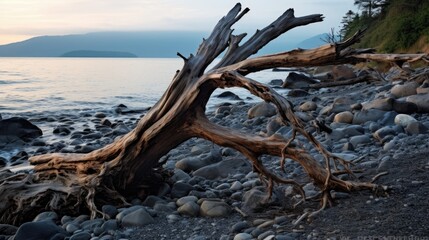 Fallen tree on coast.. Generative AI