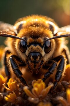 Honey bee on a yellow flower collects pollen. Close up ,macro shot .	