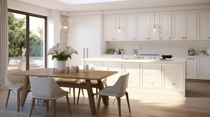 Elegant White Modern Kitchen Interior Design 3D Visualization - obrazy, fototapety, plakaty
