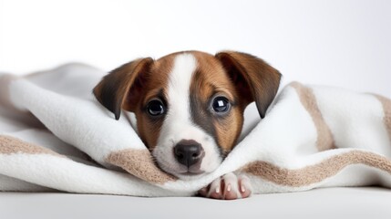 Funny puppy wrapped in a blanket white background