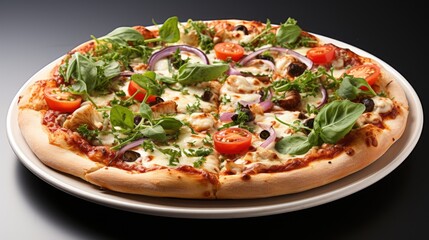 Italian pizza with melted mozzarella cheese, green olives, tomatoes, vegetables and basil leaves