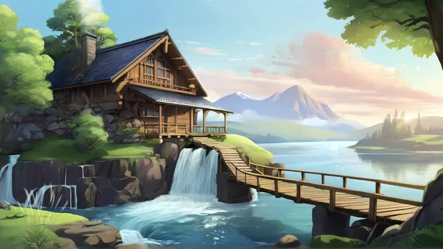 Animated illustration of a traditional house in a quiet and peaceful village. Illustration of a house and river with a mountain view in the background. Background animation.